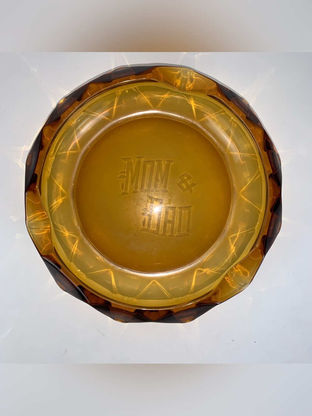 Vintage Amber glass ashtray engraving mom & dad